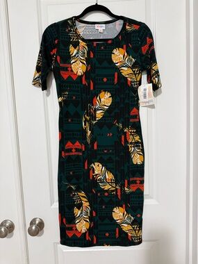 LuLaRoe Julia Green Midi Dress with Yellow Feather & Red Geometric Print